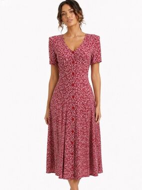 VINTAGE 90's Y2K Cottagecore Red Floral Button-Front Women's Dress